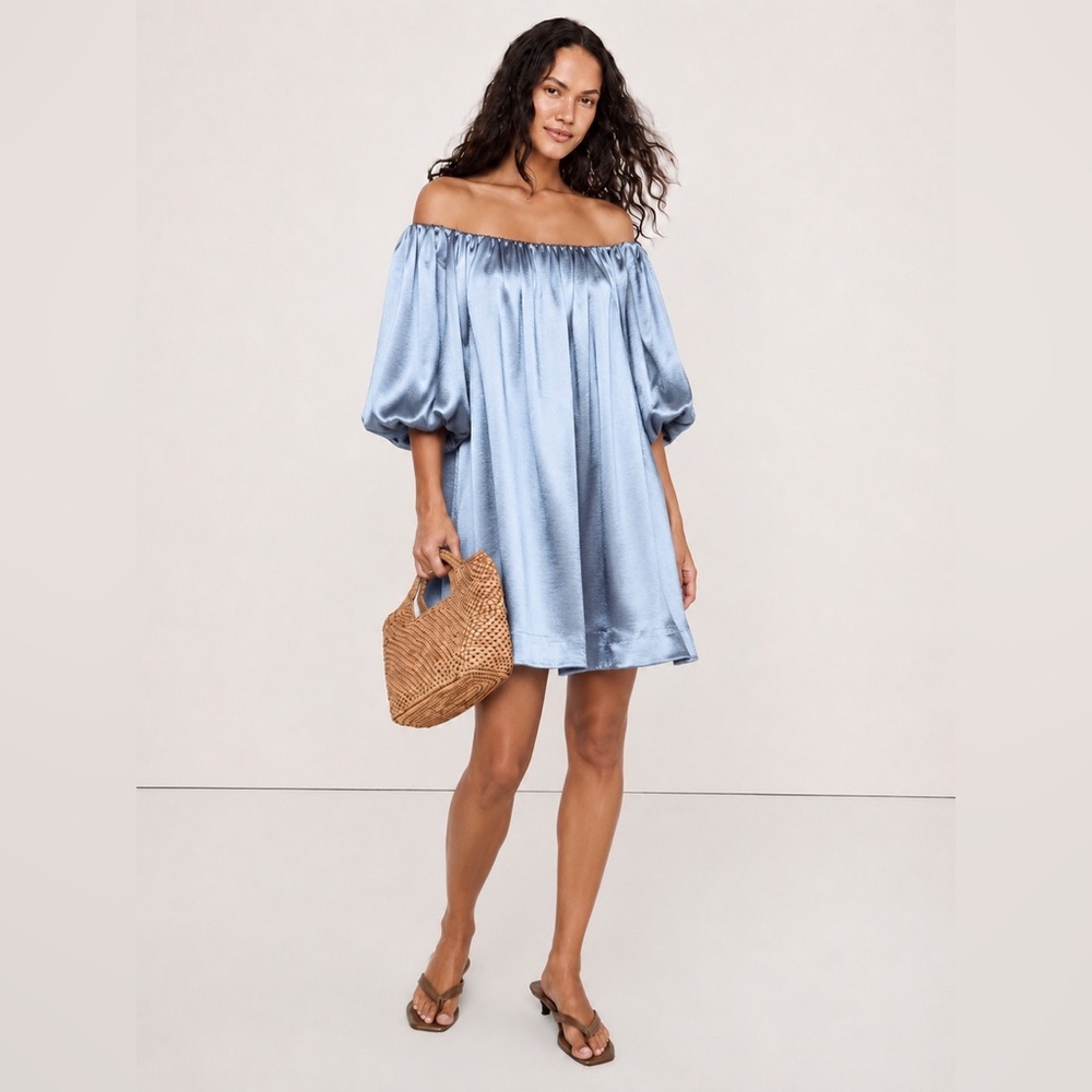 NWT! Anthropologie Mare Mare Off-The-Shoulder Puff-Sleeve Shine Mini Dress 🪨
